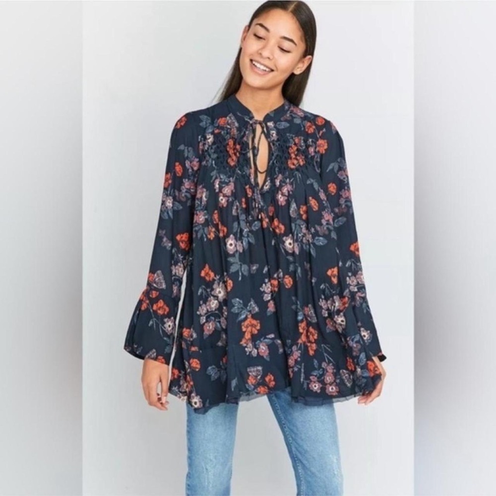 Free People Sheer Floral Butterfly Smocked Raw Lace Hem Tunic Top Blue XS Boho